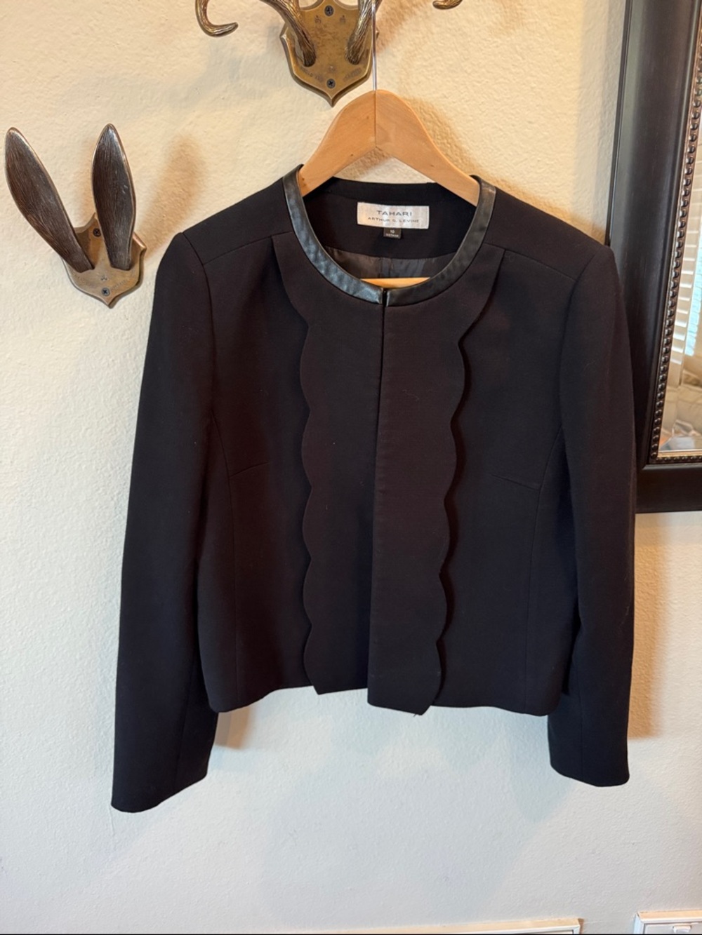 Tahari Black Scalloped Front Blazer with Faux Leather Trim